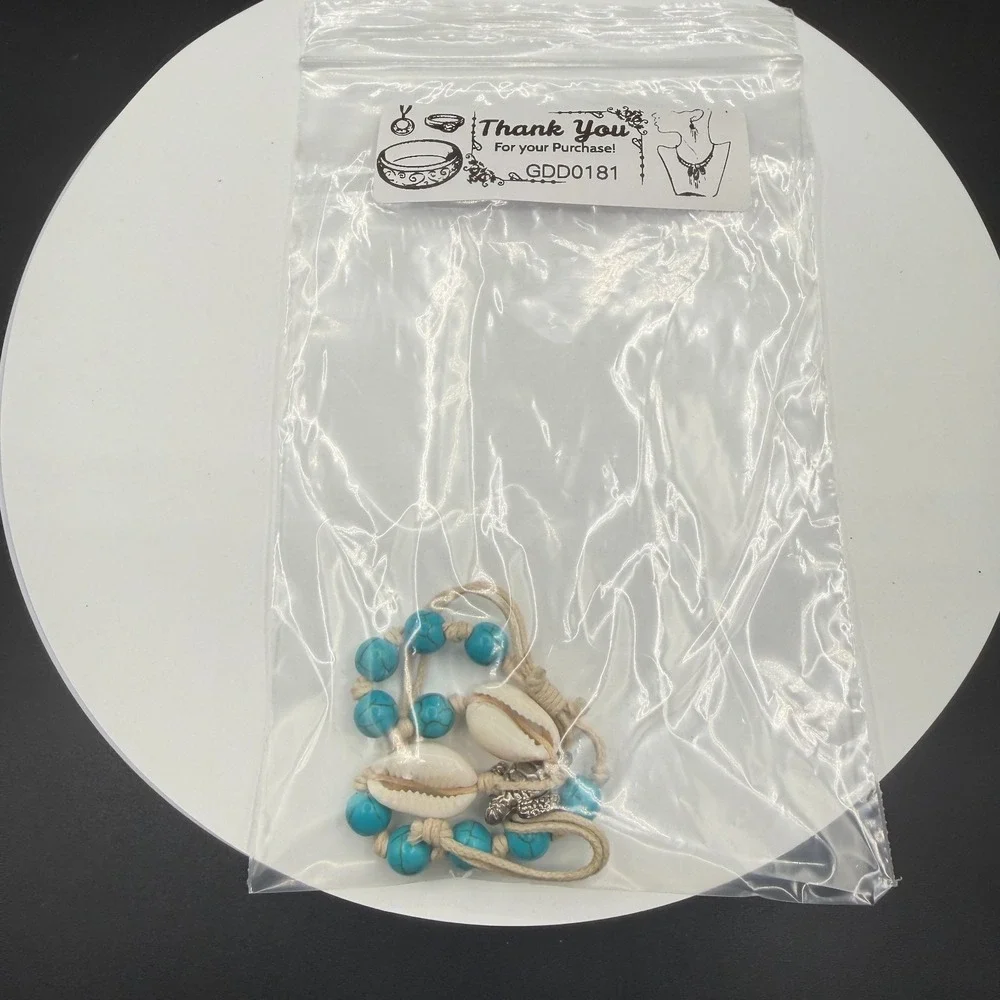 Boho Sea Turtle Bracelet Blue Beads Cowrie Shell Adjustable Beach Surfer Gift